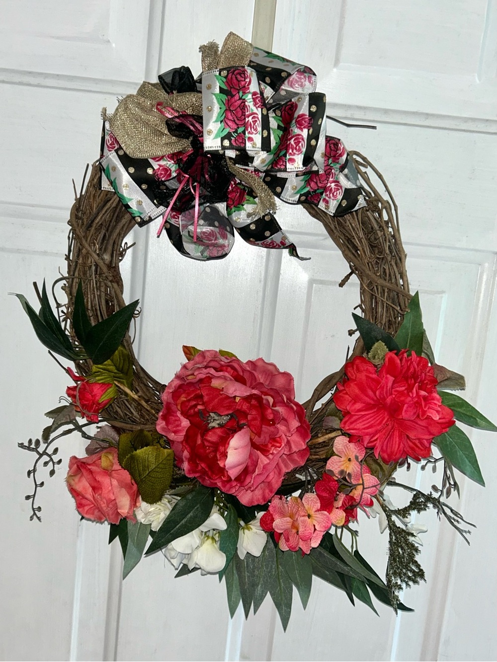 Floral Grapevine Wreath with Pink & Red Blooms